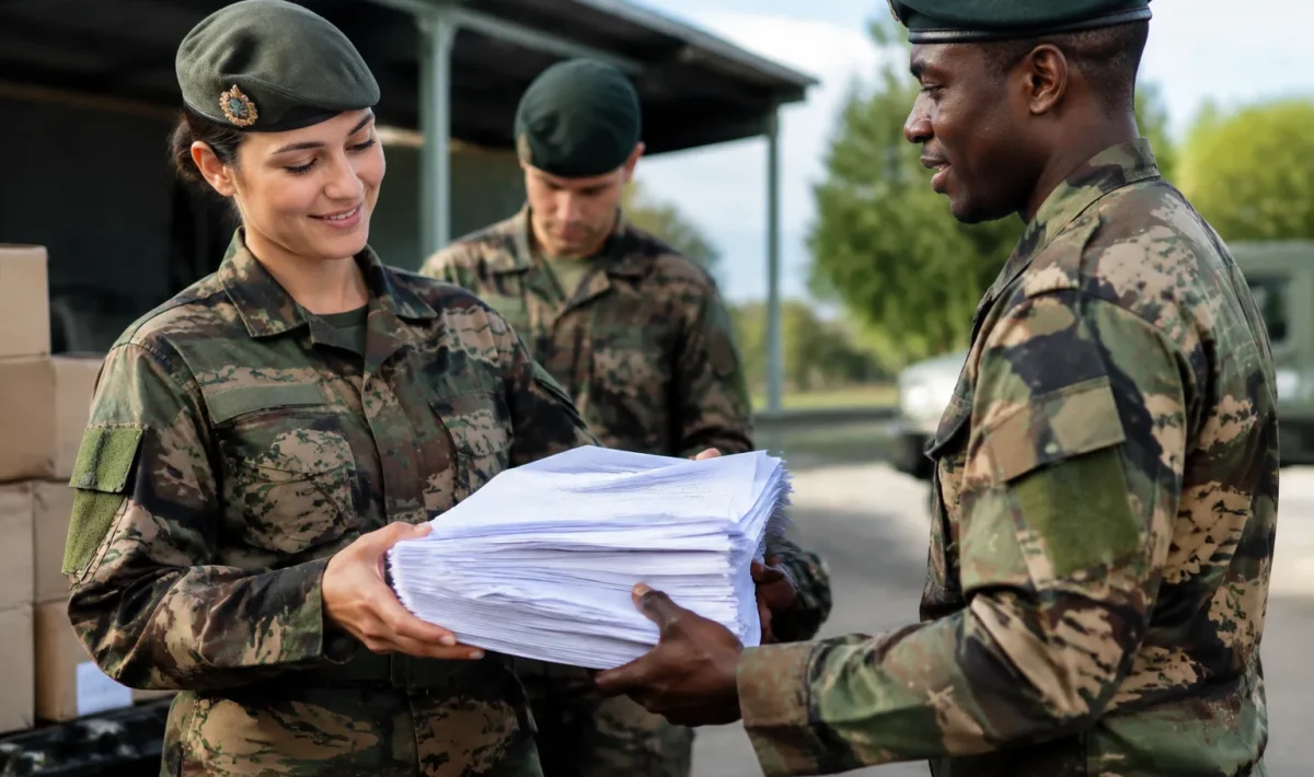 Soldats en uniforme recevant des documents de paie volumineux empilés