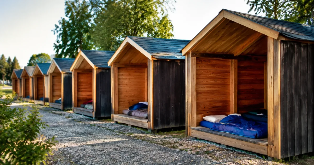 Petites maisons individuelles alignees offrant abri aux sans-abri