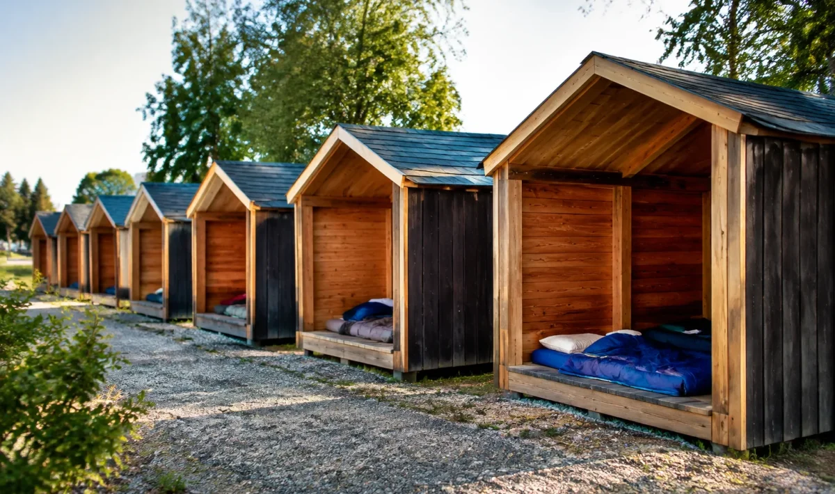 Petites maisons individuelles alignees offrant abri aux sans-abri