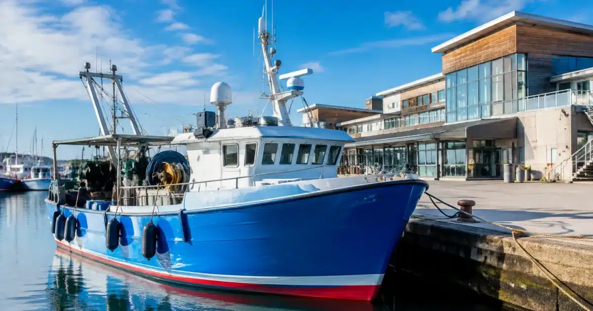 Bateau de peche moderne amarr au quai avec batiments administratifs en arriere-plan