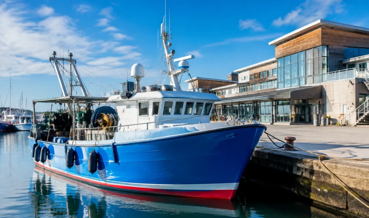 Bateau de peche moderne amarr au quai avec batiments administratifs en arriere-plan