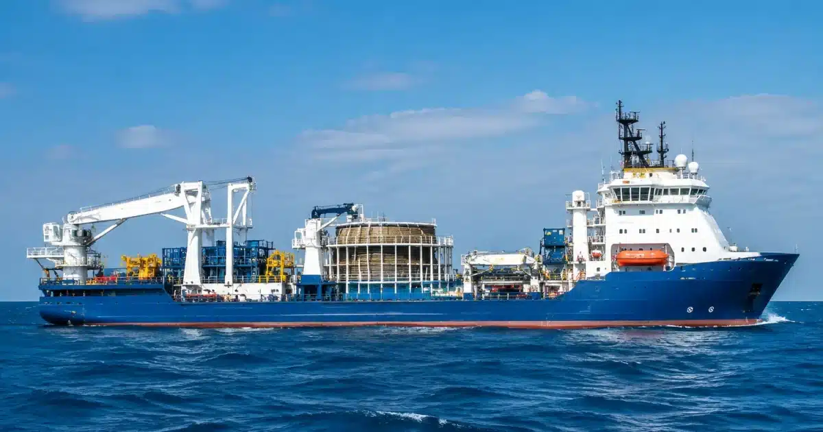 Grand navire de pose de câbles en mer, vue de profil latéral
