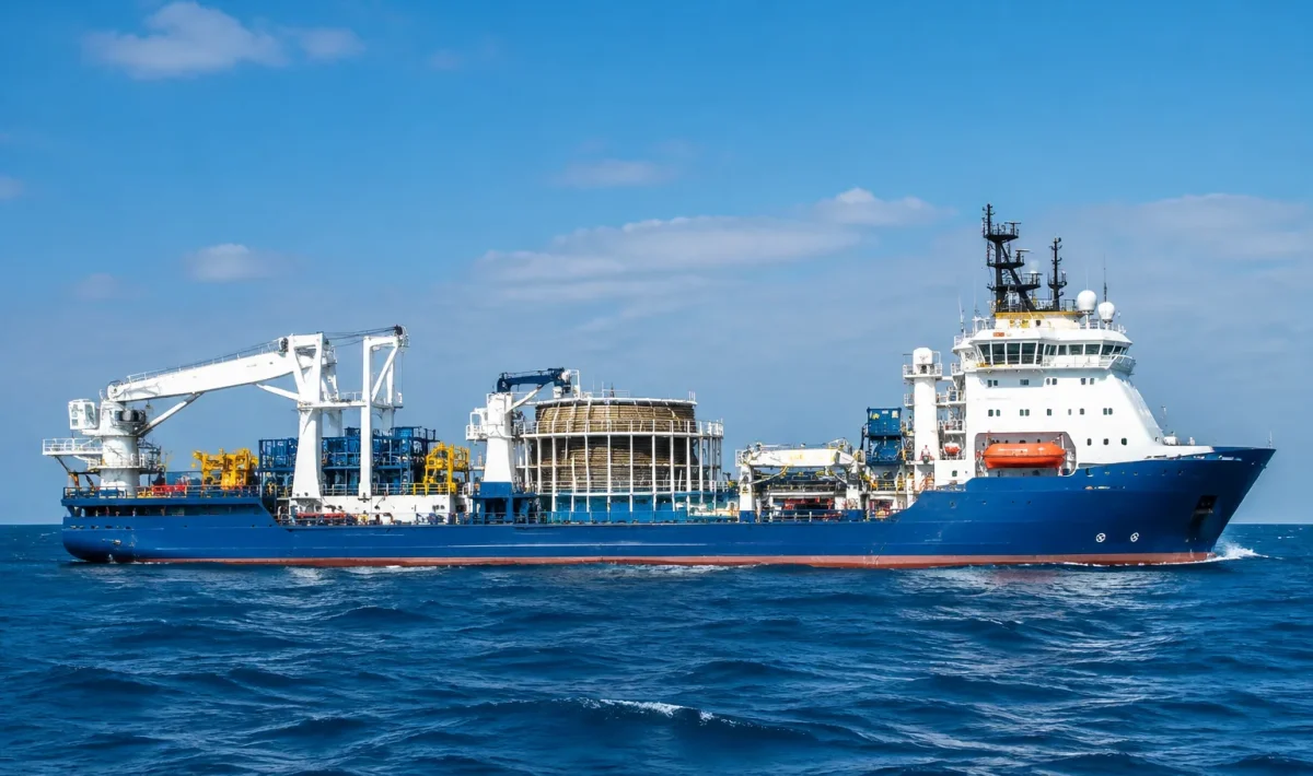 Grand navire de pose de câbles en mer, vue de profil latéral