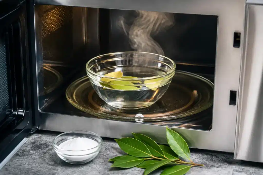 Bol eau feuille laurier bicarbonate micro-ondes vapeur