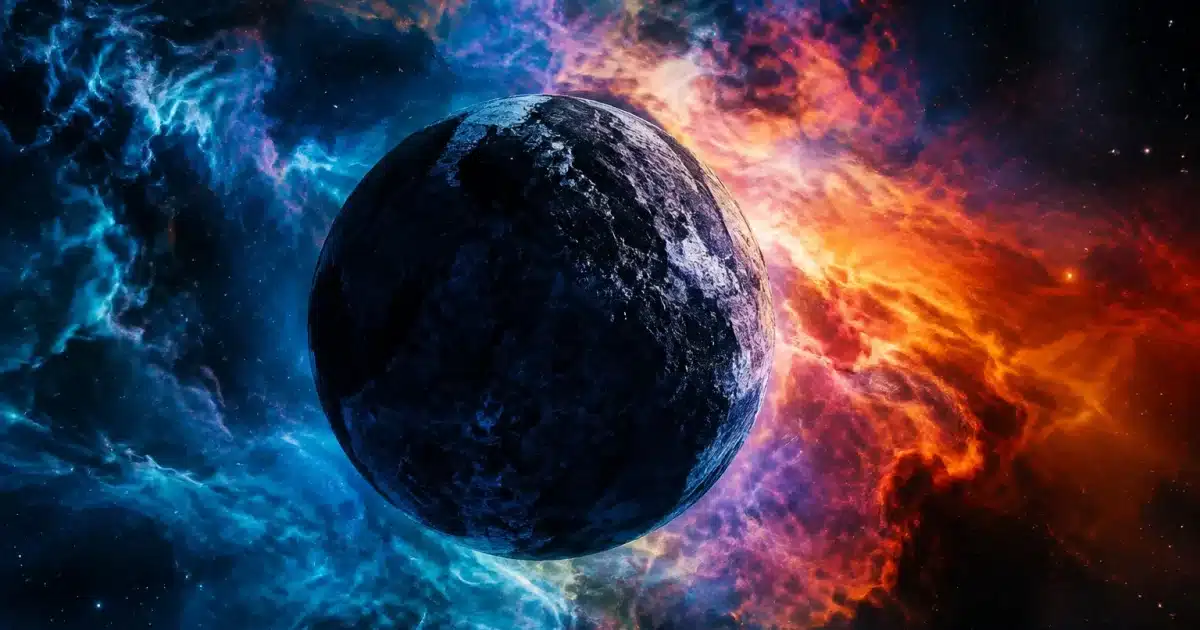 Objet celeste sombre flottant dans l'espace avec gaz coloré autour