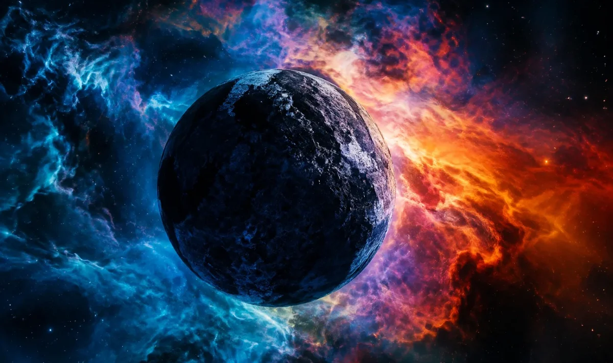 Objet celeste sombre flottant dans l'espace avec gaz coloré autour