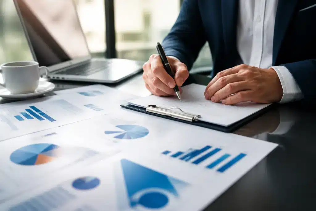 Graphiques budgetaires et mains signant documents de financement