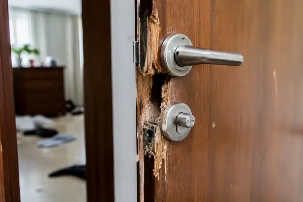 Porte forcee avec traces d'intrusion dans residence
