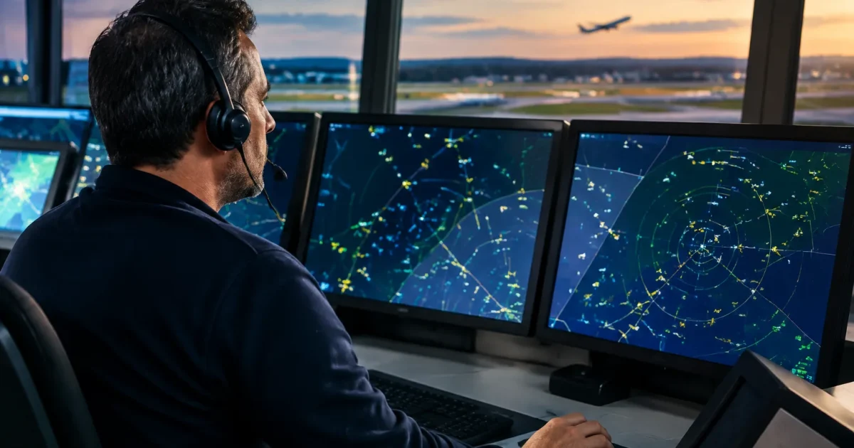 Contrôleur aérien observant écrans radar affichant multiples trajets avions