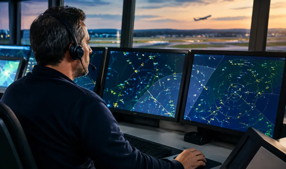 Contrôleur aérien observant écrans radar affichant multiples trajets avions