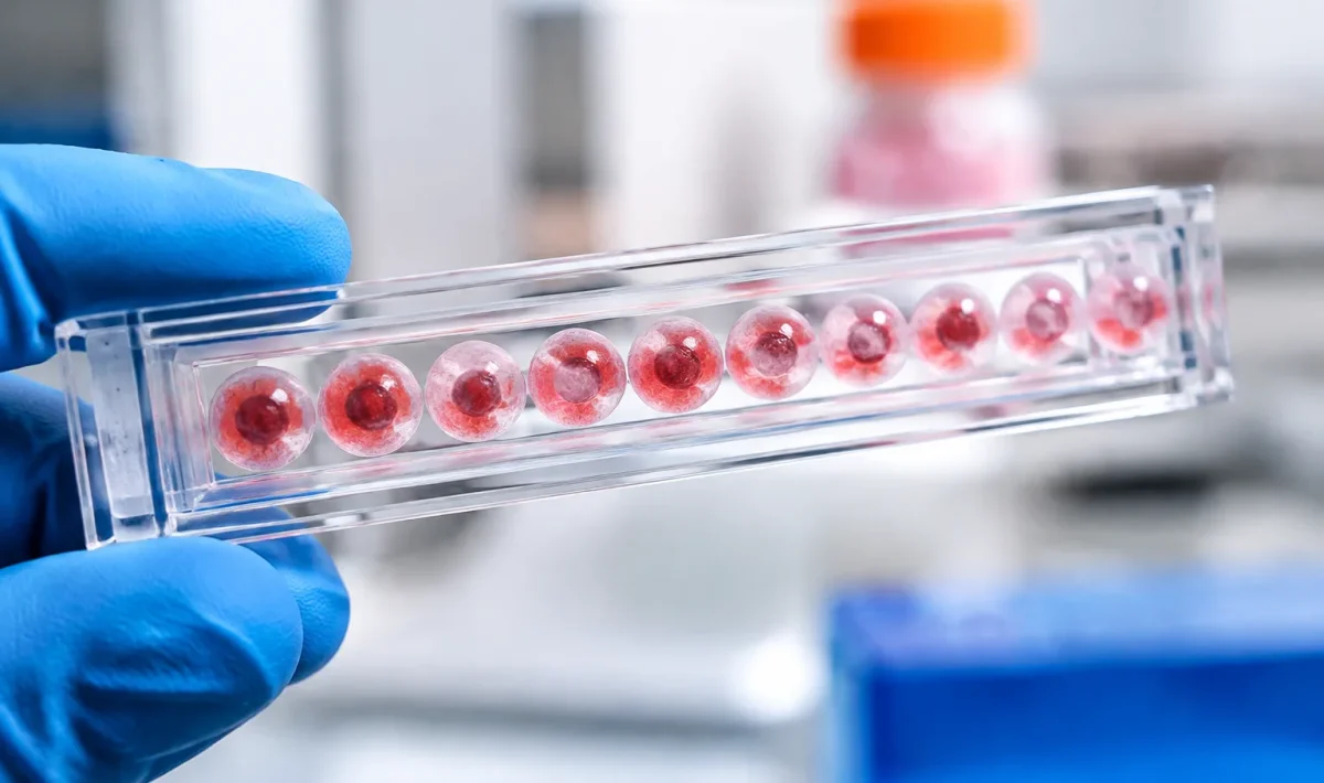Cellules biologiques alignees dans un recipient transparent sans cables electriques