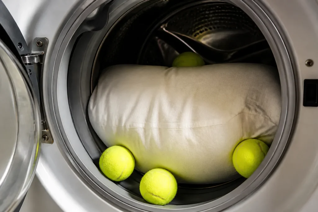 Oreiller gonfle avec balles tennis dans seche linge