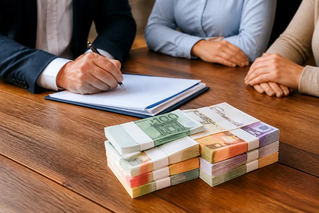 Papiers legaux succession argent billets empiles table