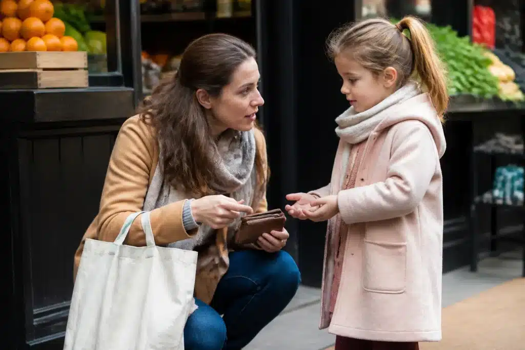 Parent et enfant discutant argent devant epicerie