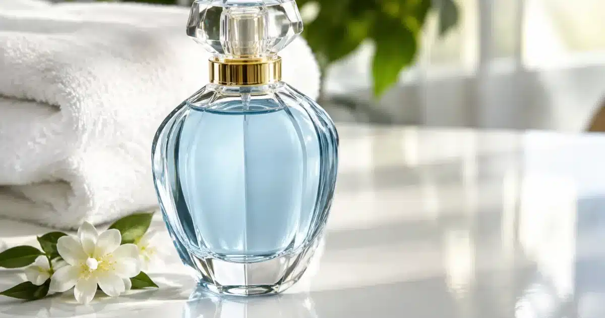 Flacon de parfum pour linge posé sur surface blanche brillante