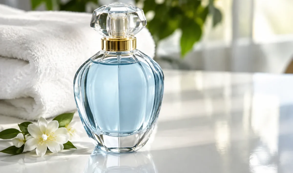 Flacon de parfum pour linge posé sur surface blanche brillante