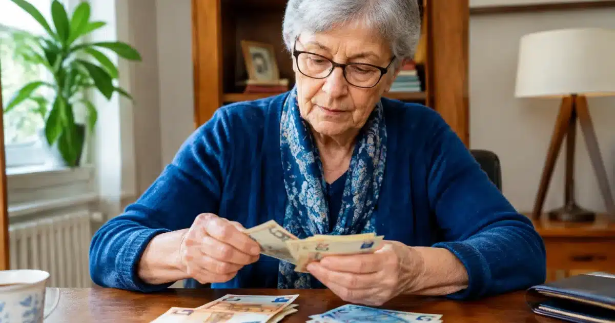 Personne agee assise comptant billets argent sur table