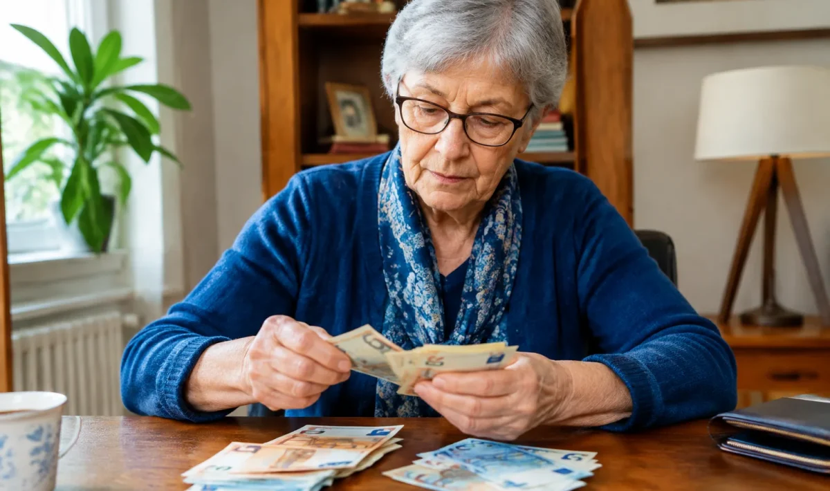 Personne agee assise comptant billets argent sur table