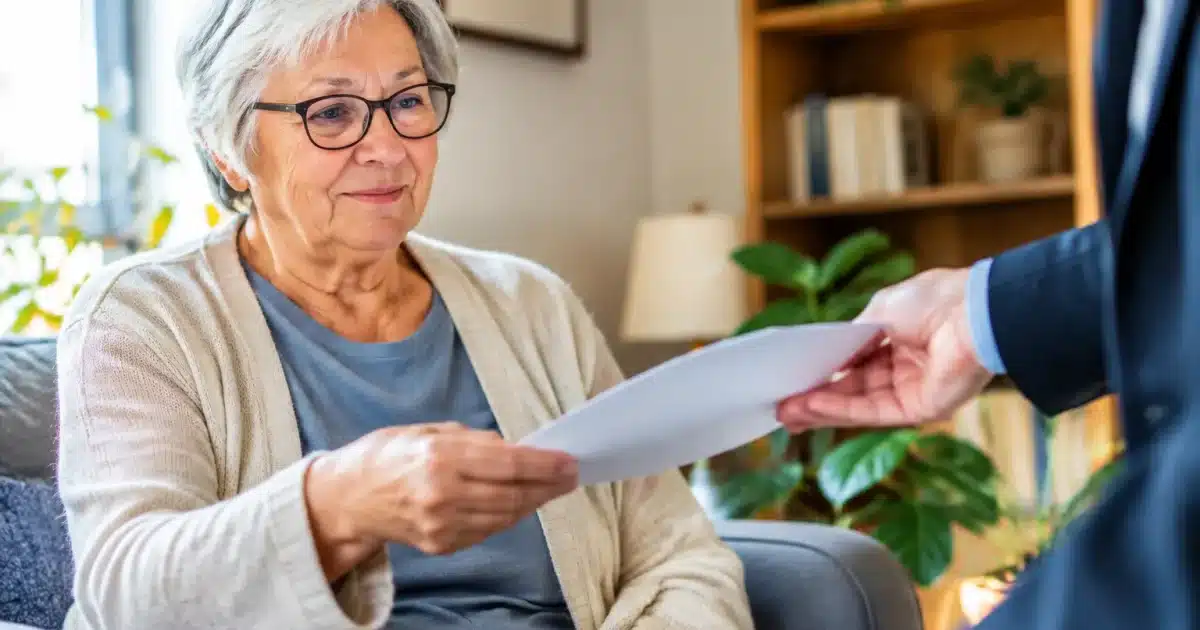 Personne agee assise recevant document officiel pension bancaire