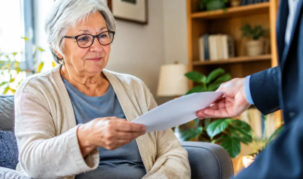 Personne agee assise recevant document officiel pension bancaire
