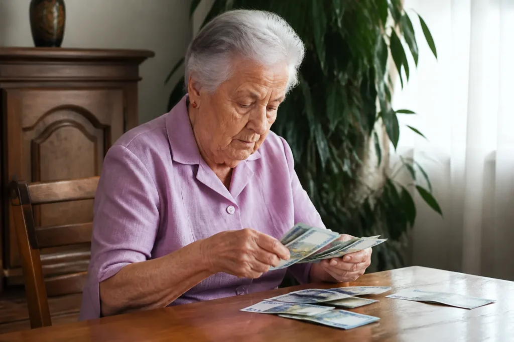Personne agee comptant billets de banque sur table
