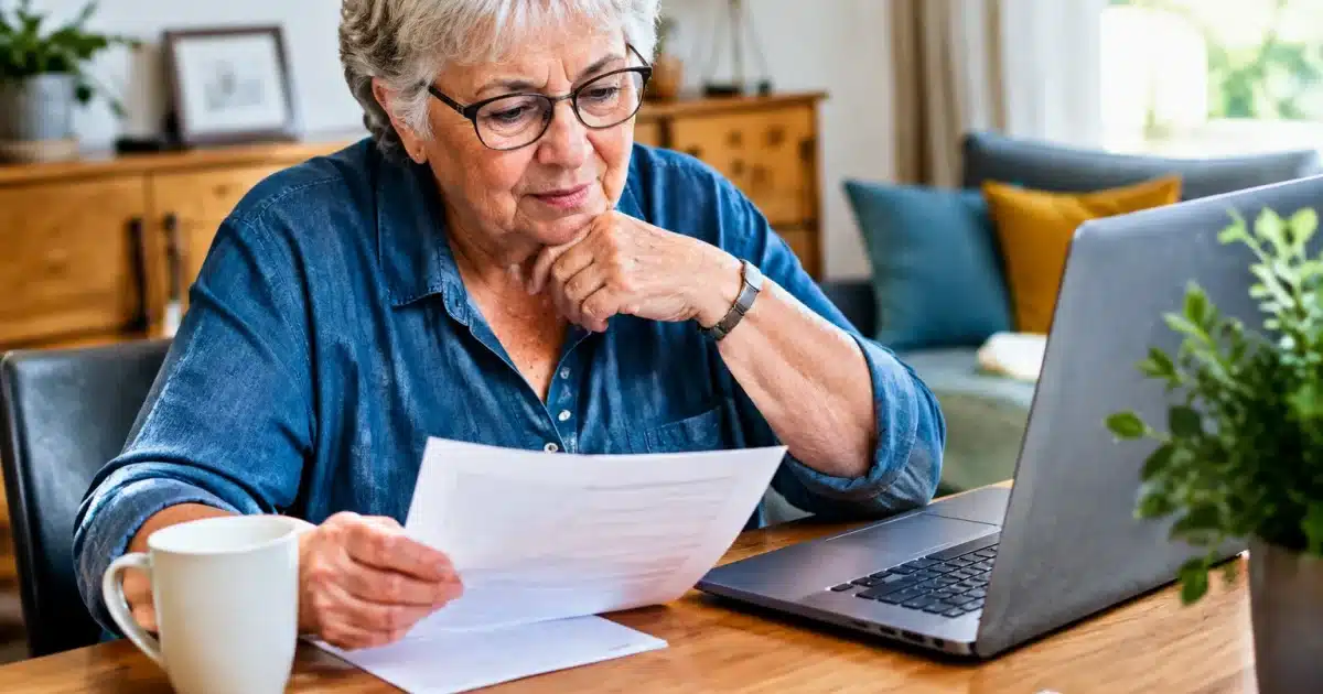 Personne agee assise consulte relevé bancaire montrant montant mensuel pension retraite