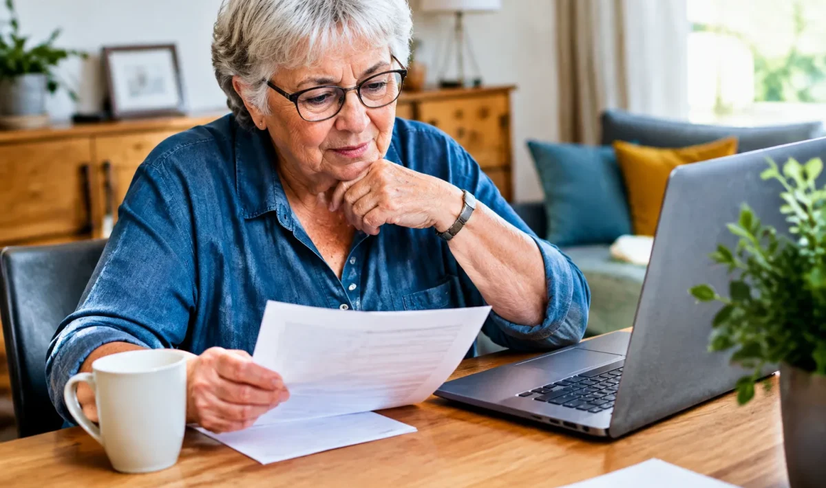 Personne agee assise consulte relevé bancaire montrant montant mensuel pension retraite
