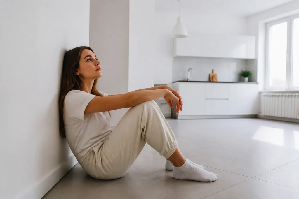Personne seule dans petit studio minimaliste blanc