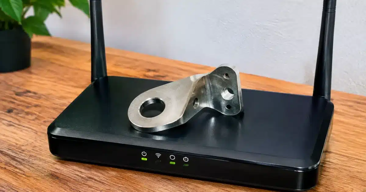 Piece metallique posee sur routeur Wi-Fi noir horizontal