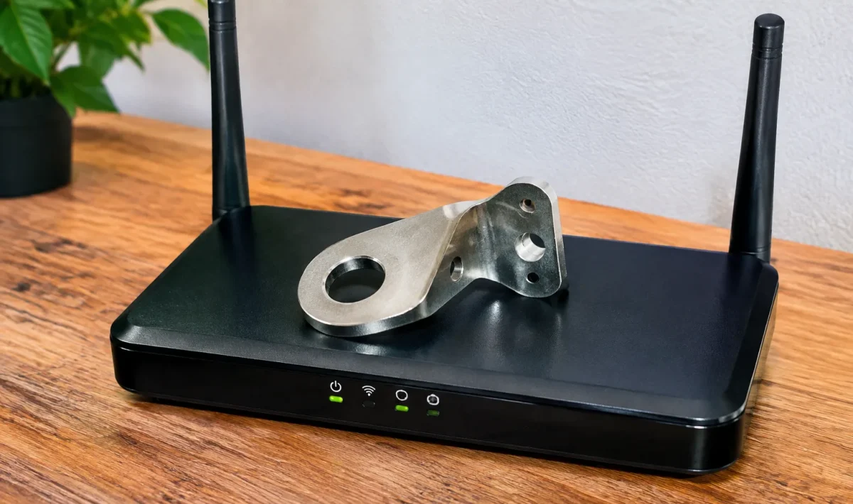 Piece metallique posee sur routeur Wi-Fi noir horizontal