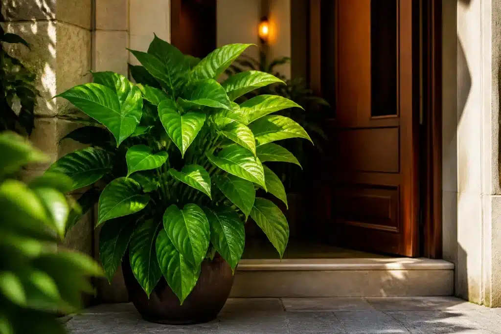 Plante verte luxuriante devant porte d'entree eclairee