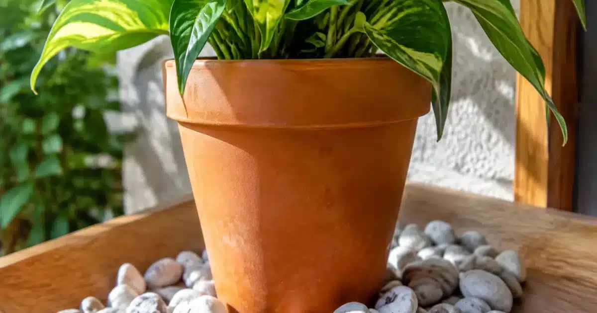 Pot de plante reposant sur couche de cailloux blancs drainants