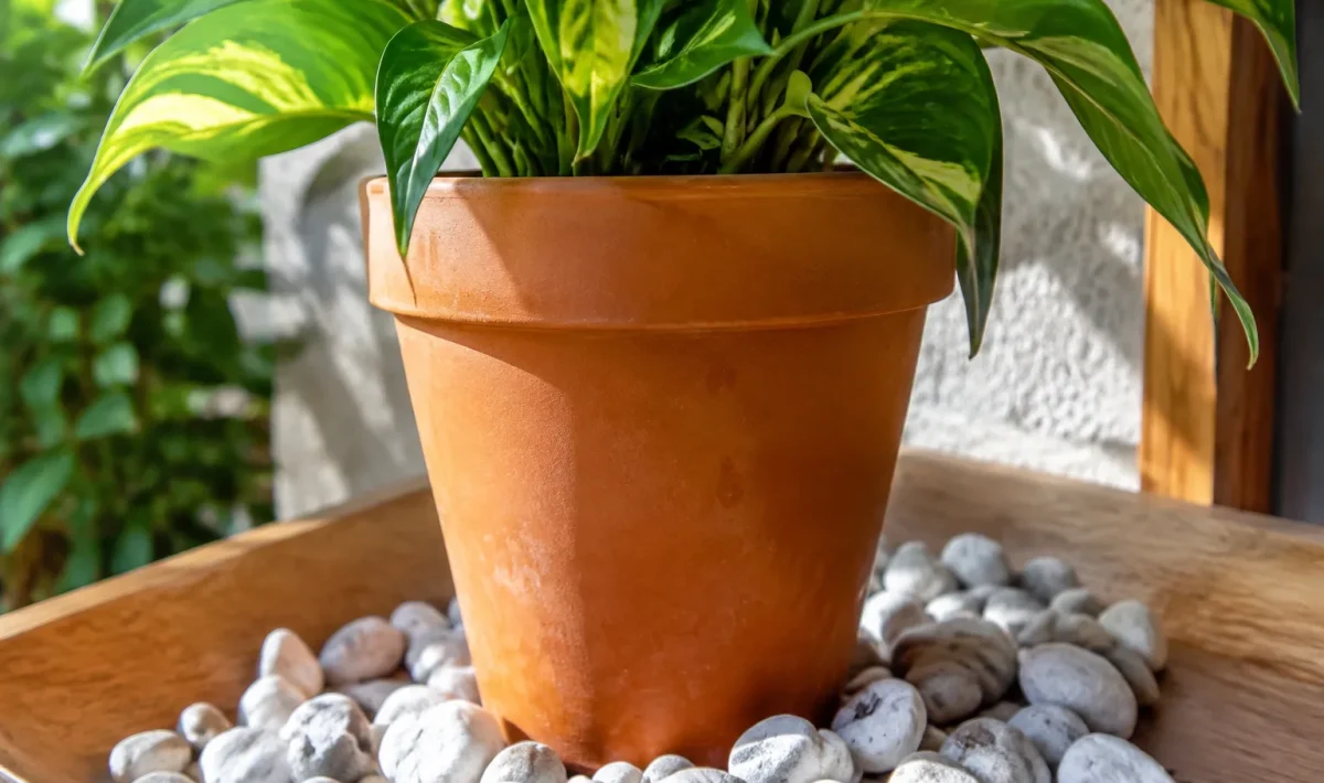 Pot de plante reposant sur couche de cailloux blancs drainants