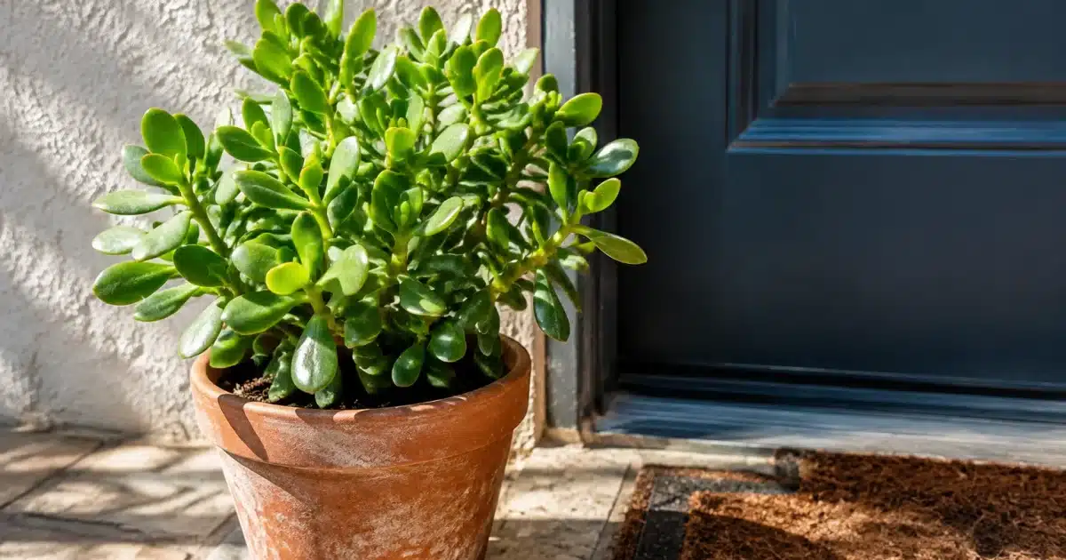 Plante succulente verte en pot pres d'une porte d'entree