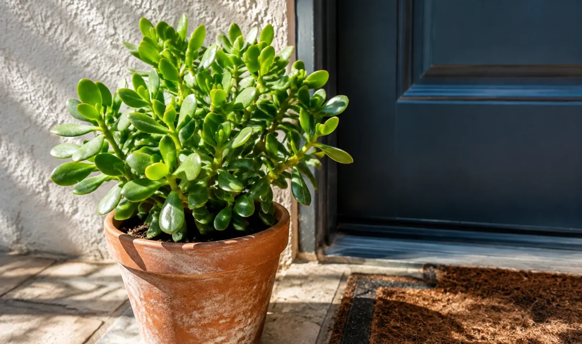 Plante succulente verte en pot pres d'une porte d'entree