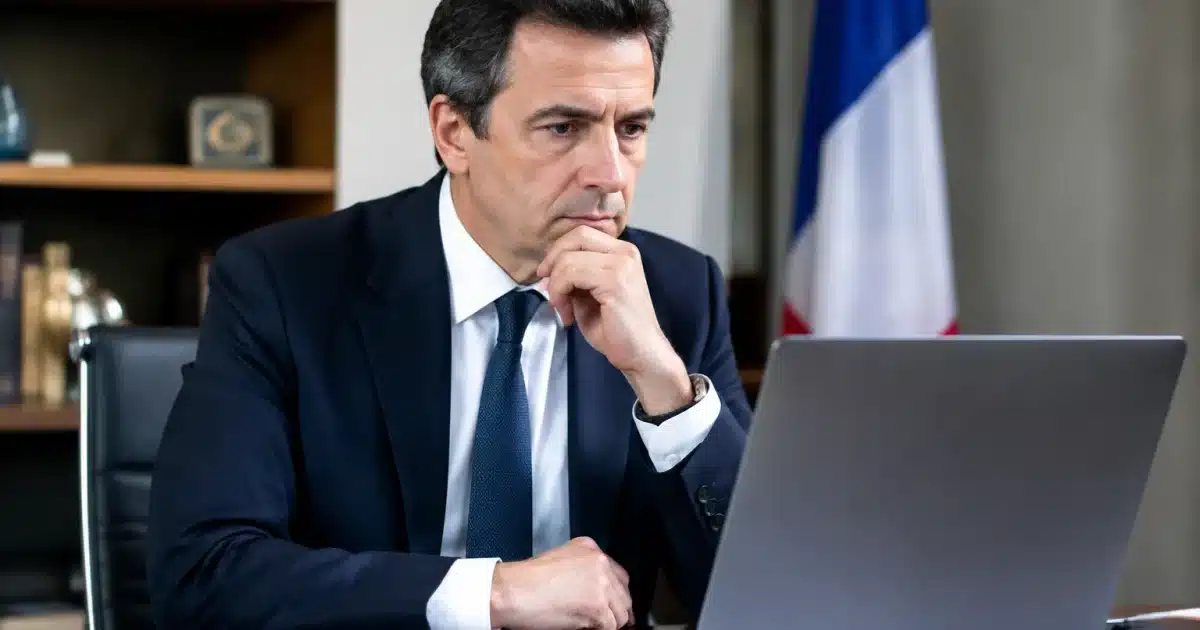 Politicien assis a son bureau regardant écran ordinateur attentivement