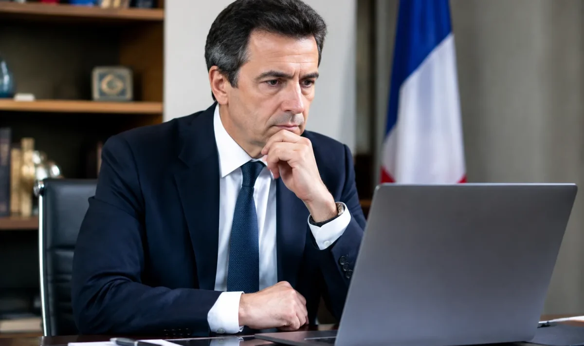 Politicien assis a son bureau regardant écran ordinateur attentivement