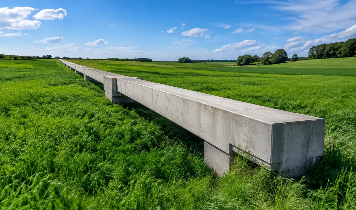 Structure de beton grise s'etendant seule a travers champs verts