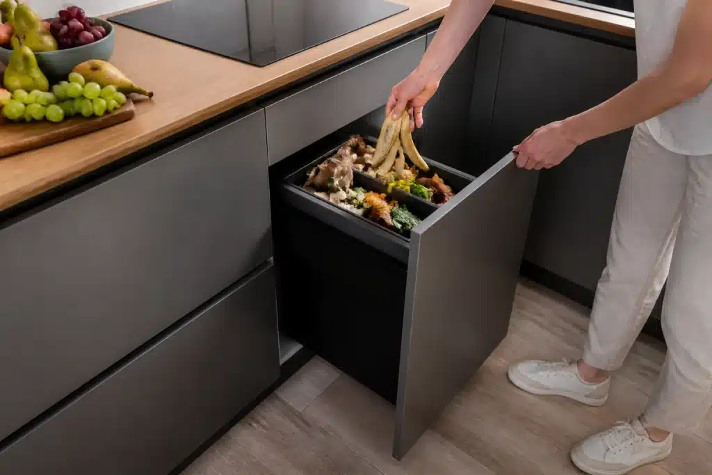 Poubelle compacte placee sous plan de travail cuisine