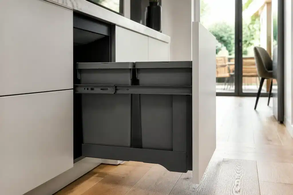 Poubelles acier coulissantes encastrables dans petite cuisine moderne