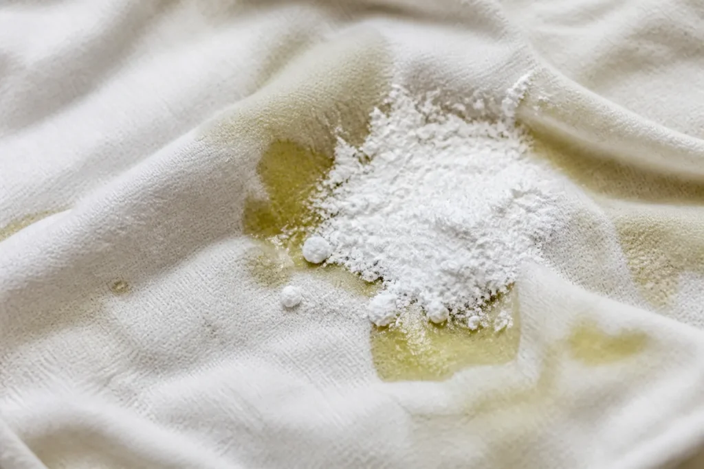 Poudre blanche absorbant trace huile sur coton