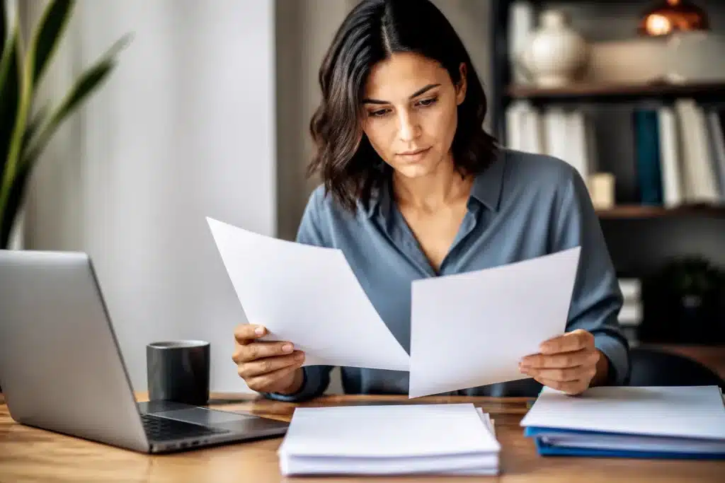 Personne lisant contrat travail avec documents assurance maladie