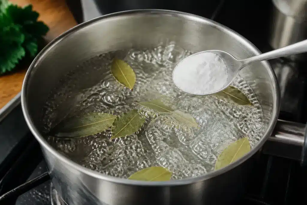 Casserole d'eau bouillante avec feuilles laurier et bicarbonate