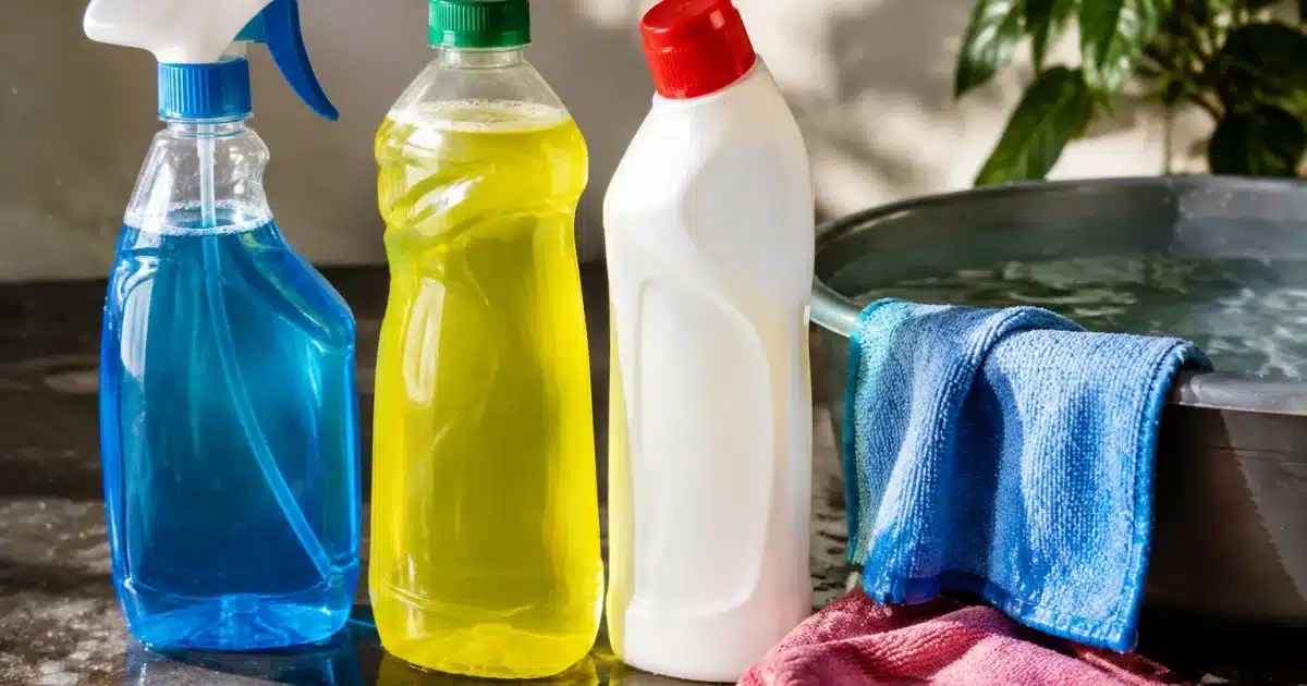 Trois produits nettoyants alignes pres de torchons trempes dans l'eau
