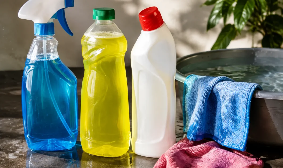 Trois produits nettoyants alignes pres de torchons trempes dans l'eau