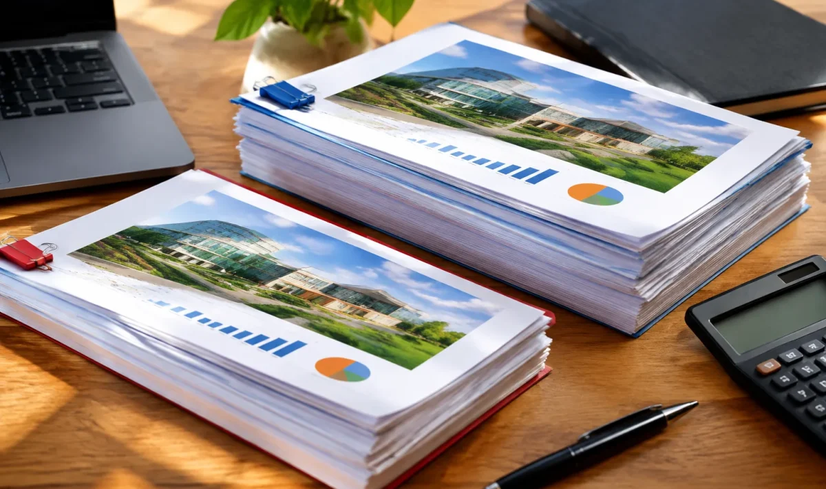 Documents financiers empilés montrant projets identiques avec deux allocations budgetaires distinctes