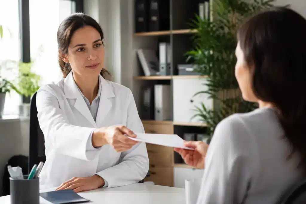 Medecin remettant document prolongation arret maladie patient