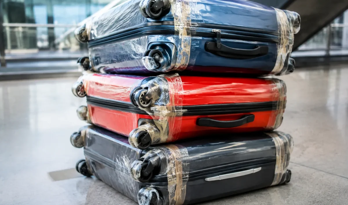 Bagages empilés avec roues enveloppees de ruban adhesif transparent