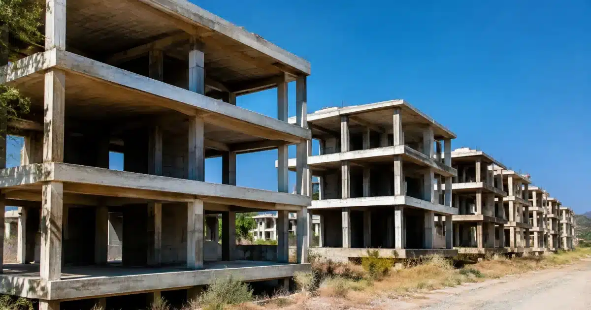Immeubles modernes inachevés alignés dans quartier désert et silencieux