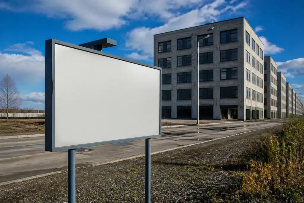 Immeubles gris avec panneaux d'emploi vides et travailleurs absents